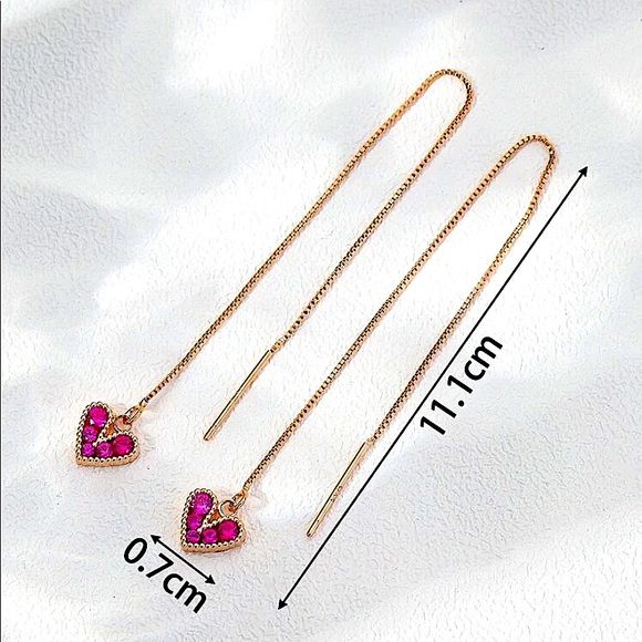 ROSE GOLD PLATED HEART ZIRCON THREADER EARRINGS - Picture 3 of 3
